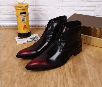 

British style wine Red pointed toe men dress shoes Genuine leather high top oxfords Ankle boots