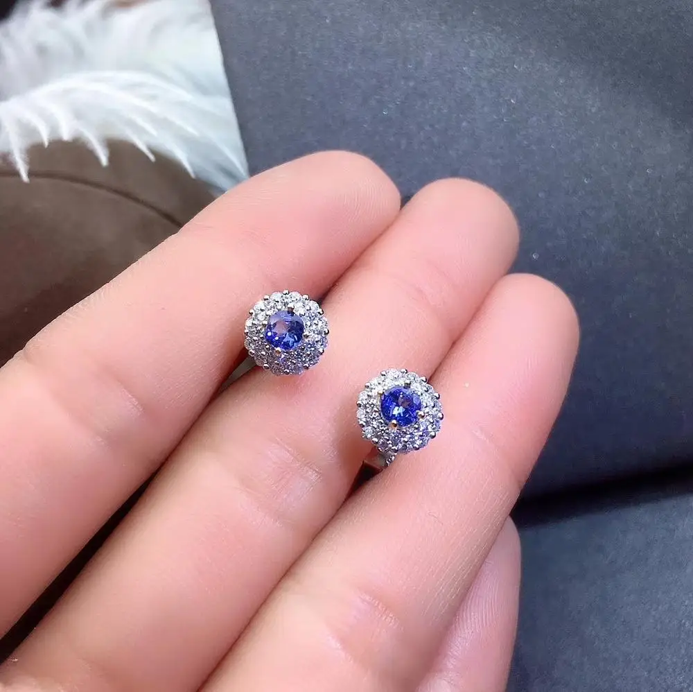 Серьги-гвоздики женские из серебра 925 пробы с натуральным голубым сапфиром |