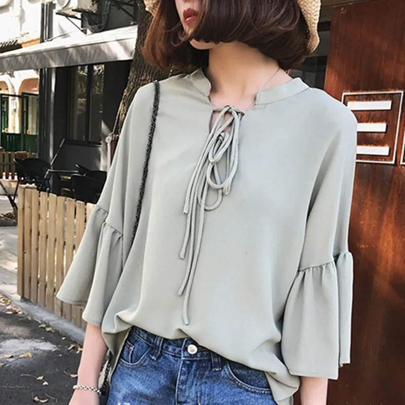 

Women Long Flare Sleeve Blouse Fashion V Neck Lace UP Ladies Chiffon Blouses Korean Casual Loose Solid Tops Clothing Shirts