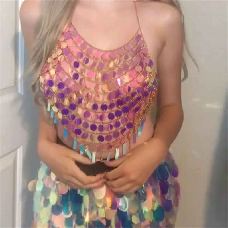 

Colorful Shiny Sequins Women Top Halter Sleeveless Backless Hollow Out Crop Top Summer Sexy Slim Tank Top Club Handcraft 2019