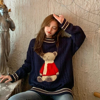 

Women Spring Winter Fashion Korea Style Round Neck Long Sleeve Cartoon Bear Knitting Loose Office Lady Sweet Casual Chic Sweater
