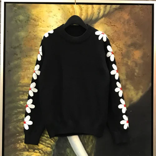 Шикарный шерстяной свитер с цветочным принтом, женский осенний зимний модный свитер, черный мягкий джемпер с круглым вырезом, корейский базовый свитер - Цвет: black