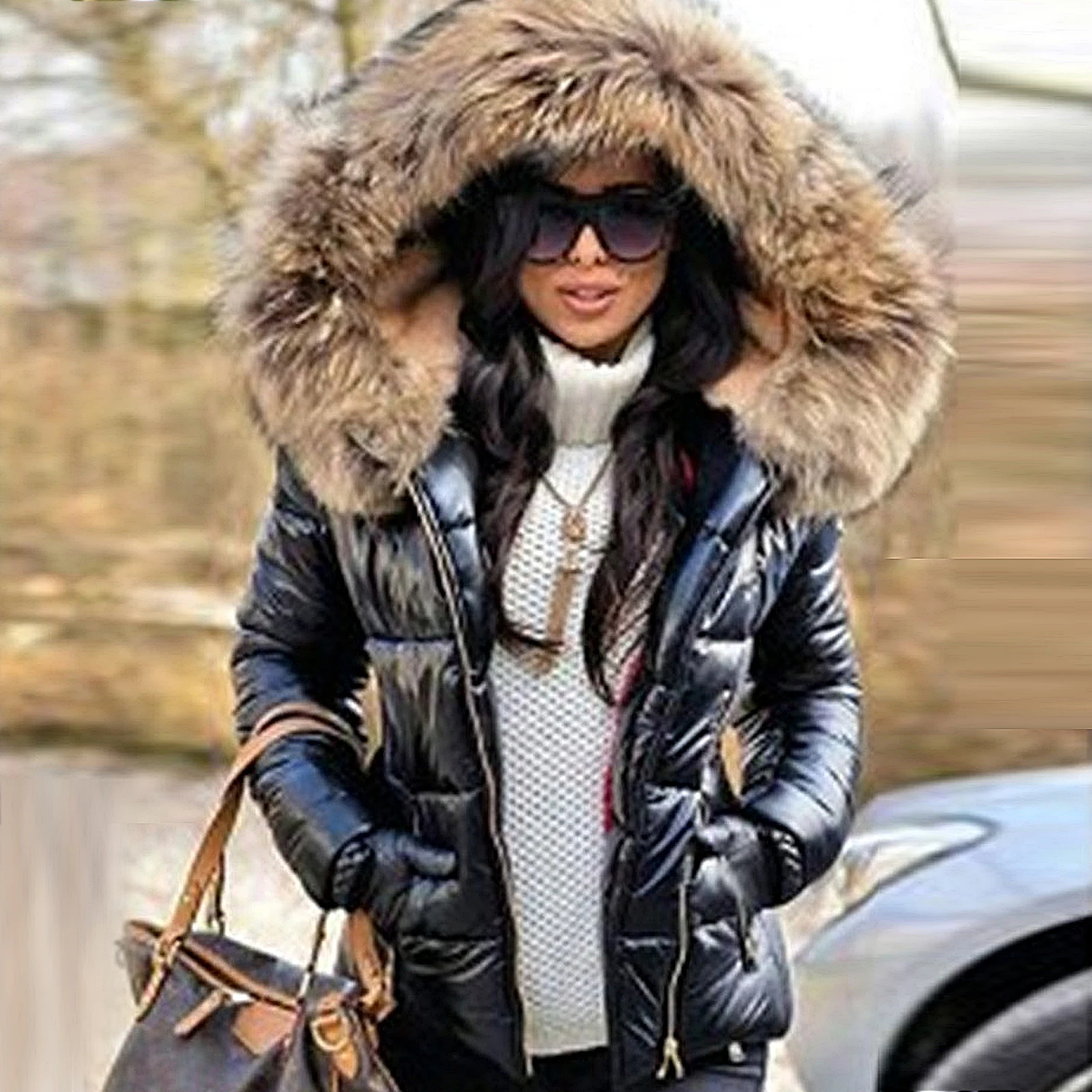 Women Autumn Winter Faux Fur Hood Zipper Warm Down Coat Outdoor Parka Outerwear new Faux Fur Winter Coat 2020 Black Denim Jacket