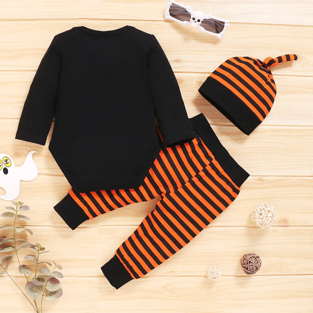 Halloween Infant Baby Girl Clothes Boy Letter Halloween Romper Long Sleeve Top+Striped Pants+Hat Outfits Halloween Costume bebes