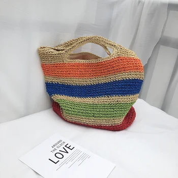 

Summer 2020 New Color Contrast Stripe Handbag Knitting Women's Large Capacity Shopping Pack Casual Holiday Style C755