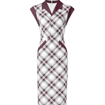 

2020 New Women Plaid Print Dress Fashion Turn-Down Collar Sheath OL Dresses
