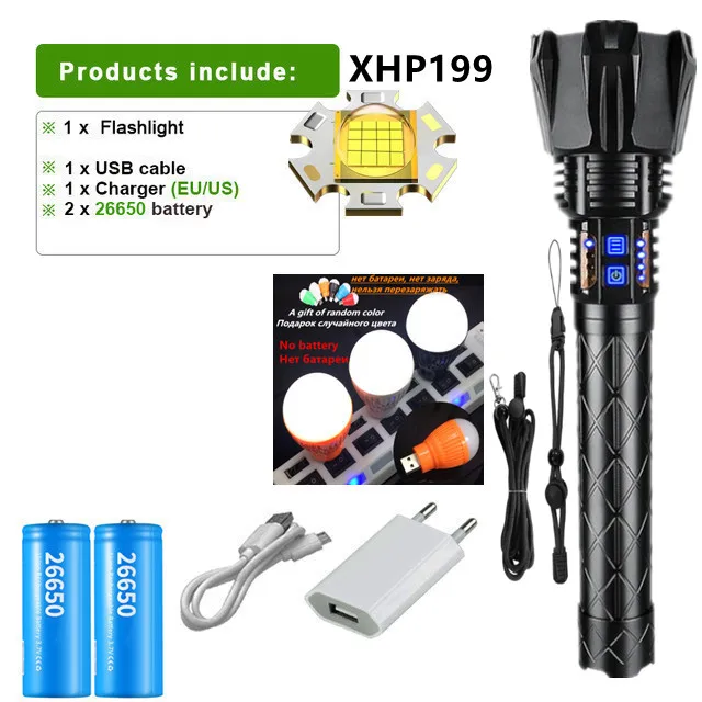 Newest XHP199 High Power Led Flashlight USB Rechargeable Torch Light Most Powerful Flashlight 18650 XHP160 XHP90 Waterproof Lamp most powerful torch in the world Flashlights