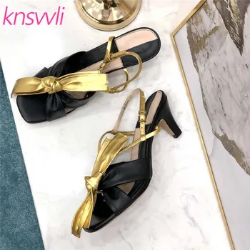 

Big Bowknot Kitten Heels Gladiator Sandals Women Mixed Color Middle Heel Runway Shoes Woman Summer Femmes Sandales Prom Shoes