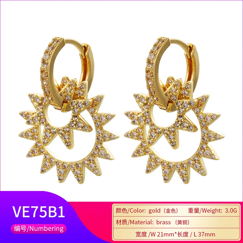 ZHUKOU 21x37mm high quality explosion small sun earrings crystal brass earrings for women& girls jewelry decoration model: VE75