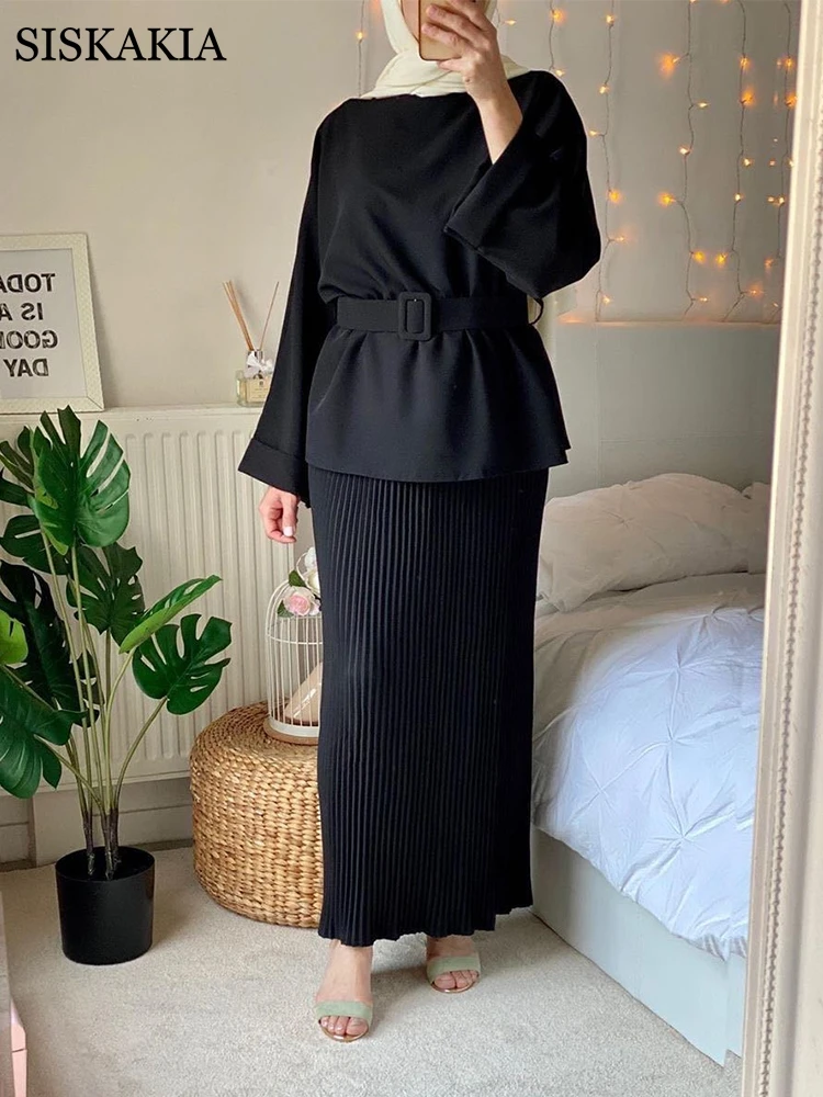 Siskakia-Conjunto de 2 piezas para mujer musulmana, vestido de Ramadán Eid Dubai turco árabe, ropa islámica, Tops con falda Maxi sólida, 2021