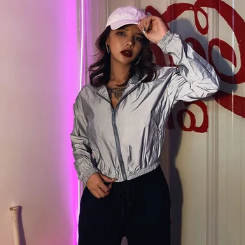 

New Reflective Hooded Jacket Women's Autumn / Winter Street Hipster Slim Baseball Uniform Zipper Solid Color Long Sleeve Tops