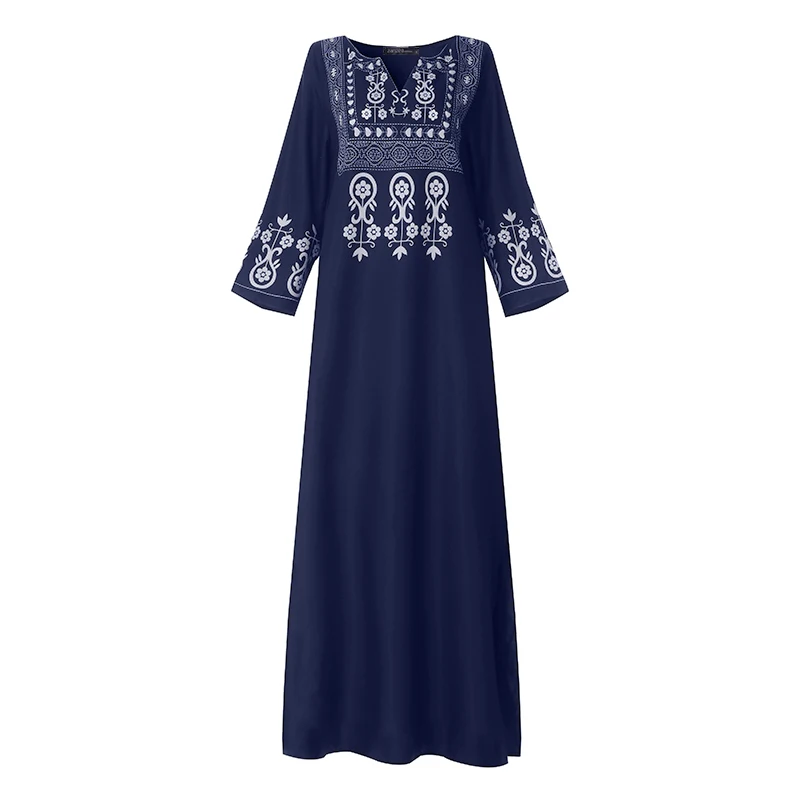Богемное осенне-Летнее Длинное платье для женщин ZANZEA винтажное макси Vestidos цветочный принт с разрезом плюс размер туника 3/4 рукав v-образный вырез - Цвет: Blue