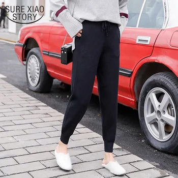 

Drawstring Skinny Pants Mid Waist Trousers Knitted Harem Pants Women Pockets Knitted Striped Sweatpants Pantalon Femme 7285 50