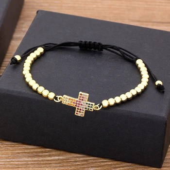 2021 New Trendy Jesus Cross Bracelet 4mm Gold CZ Beads Handmade Adjustable Bracelets for Women Party Wedding Jewelry Gifts