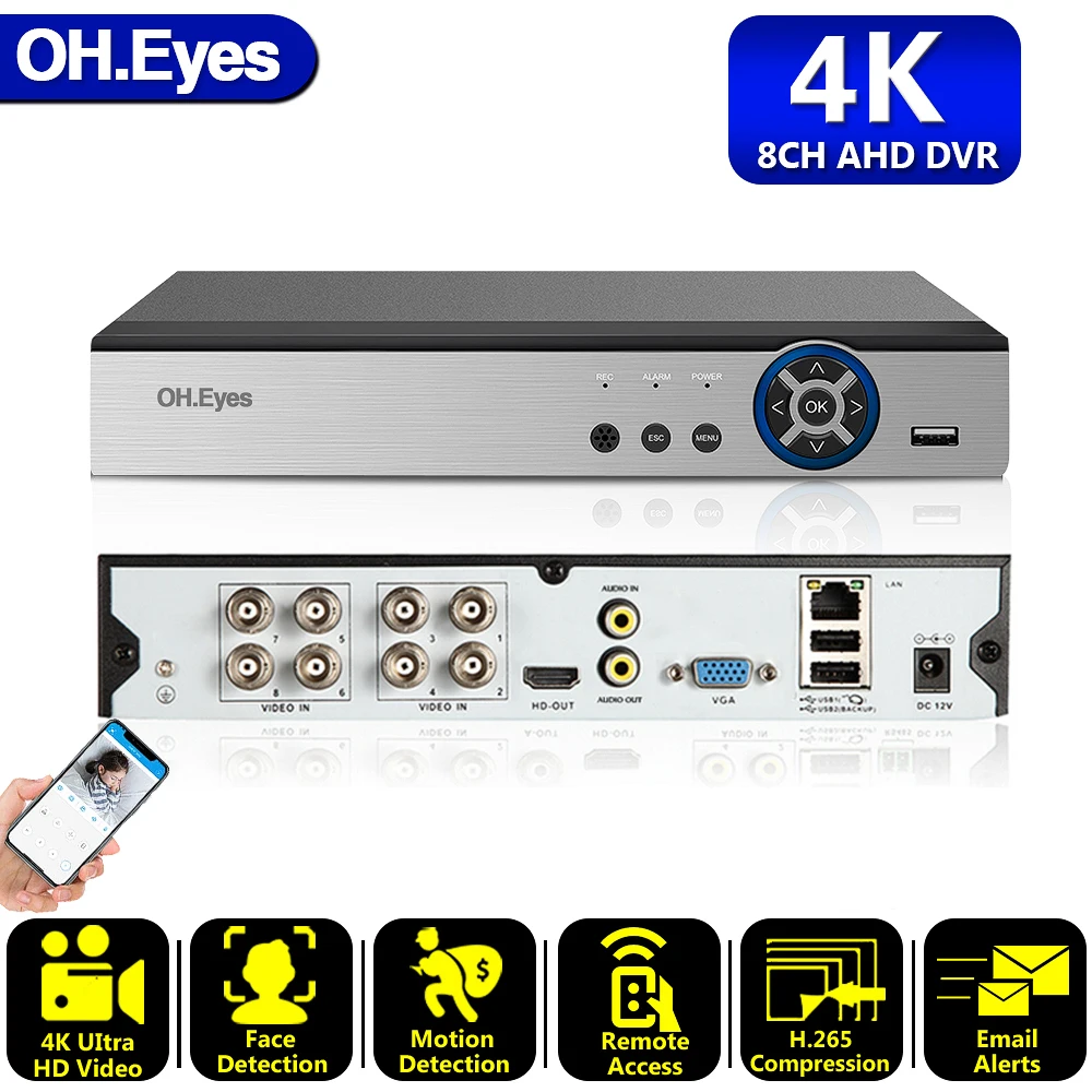 OH.eyes 8CH 4K AHD DVR AI H.265 Hybrid 8 Megapixel NVR Digital Video Recorder for 2MP 4MP 5MP 8MP AHD/TVI/CVI/XVI/IP Cameras