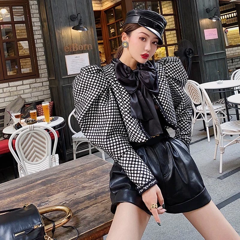 lower price  TWOTWINSTYLE Ruched Plaid Jackets For Women O Neck Puff Long Sleeve Ruched Short Female Coats Autum