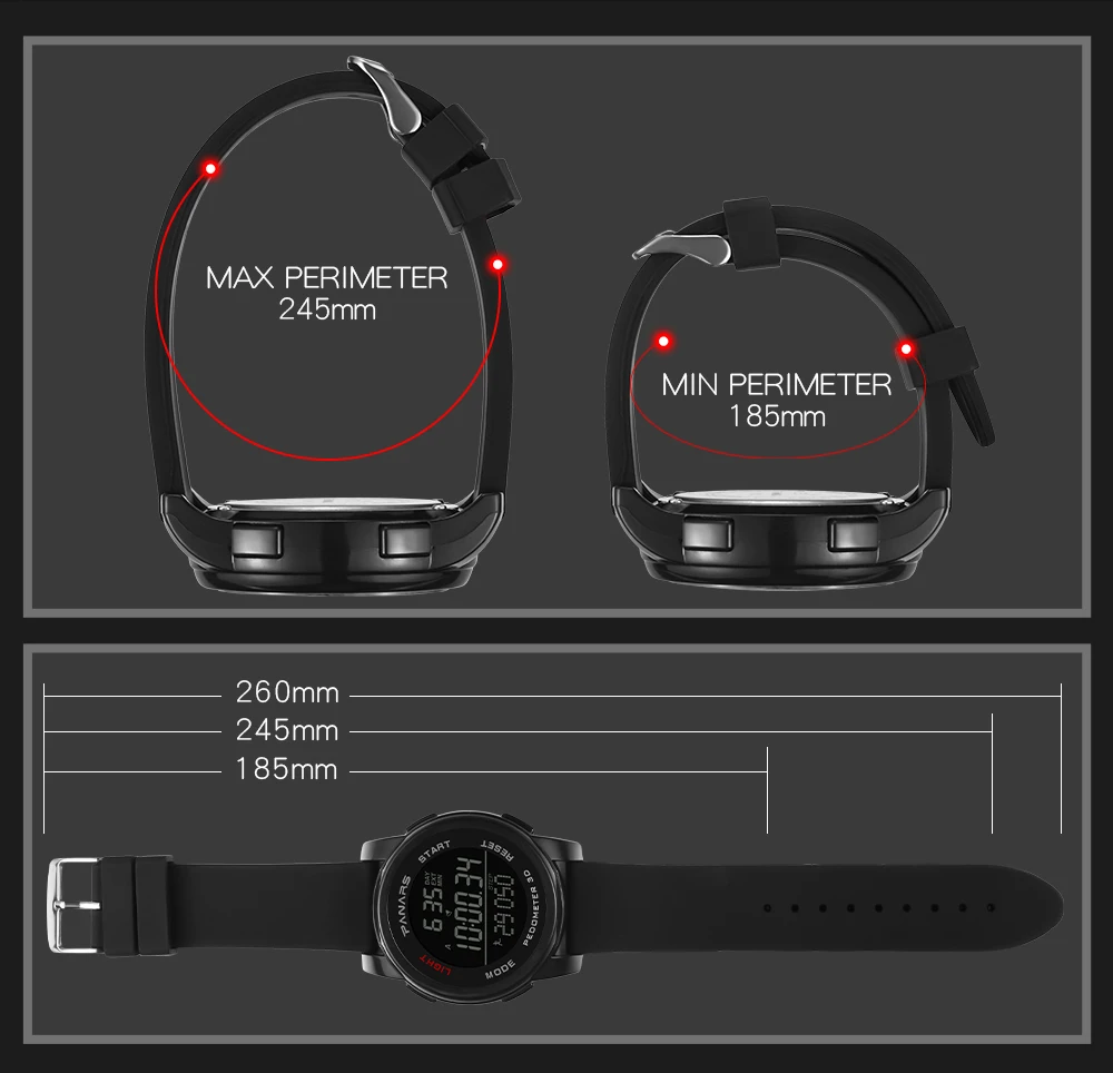 PANARS Mens Digital Watches Men's Sport Watch Dual Time Pedometer Alarm Clock 50M Waterproof Military Multifunction Reloj Hombre