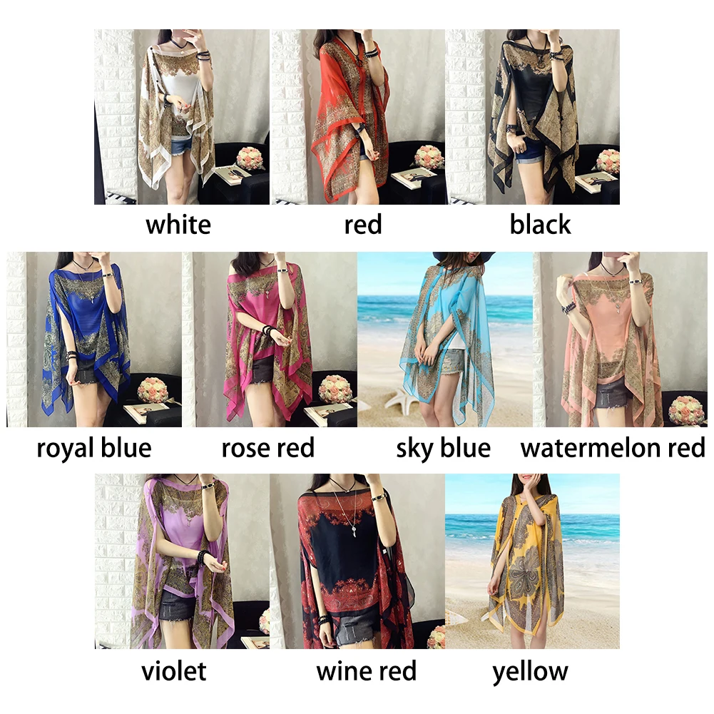 Summer Woman Plus Size Loose Shirts Cover Ups Scarf 10-color Chiffon Shawl Sunscreen Fabala Blouses Flower Sun Protection Shawl