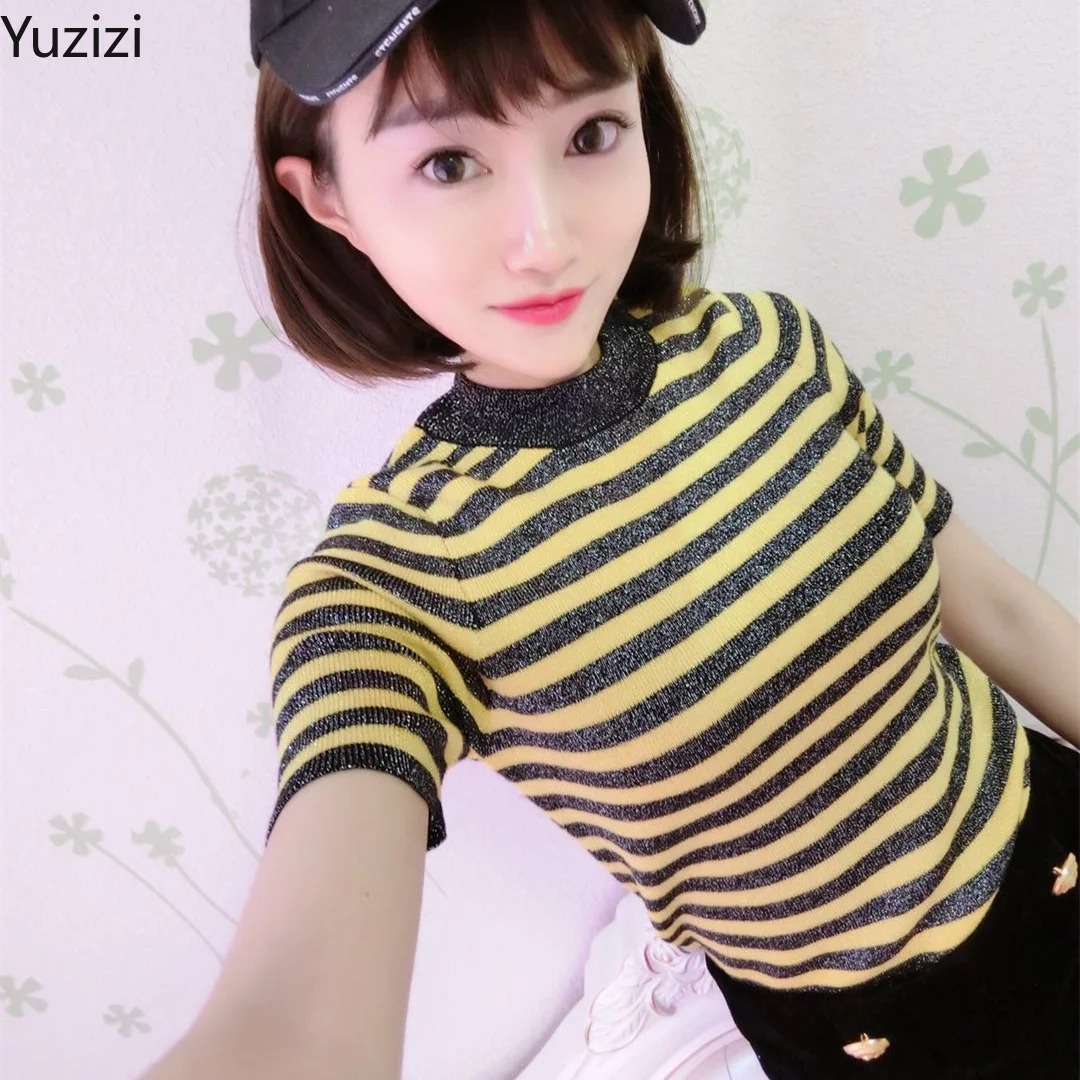

Striped Short Sleeve T-shirt O-neck Pullover Bright Silky Lurex Base Shirt Women's Spring Slim Knit Short New Minimalist
