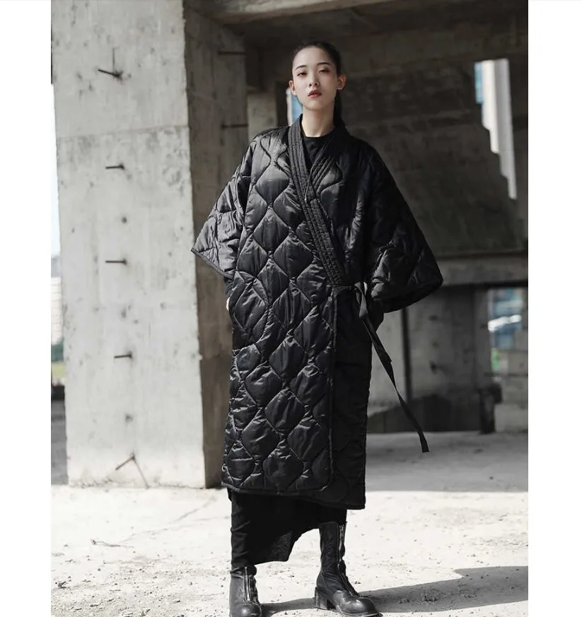 Dark Black Winter Japanese Kimono Bandage Robe Loose Long Cotton Padded Jacket Winter Warm Long Coat LM88