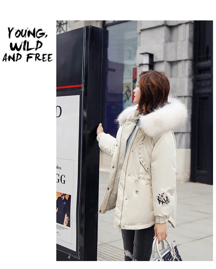 Down Jacket Women's Mid-length Winter Zipper Elegant Irregular Hem Brand Cotton-padded Clothes with Genuine Fur Collar