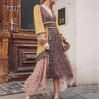 

VGH Patchwork Print Women Dress Hit Color V Neck Lantern Sleeve High Waist Asymmetrical Midi Female Dresses 2020 Summer New