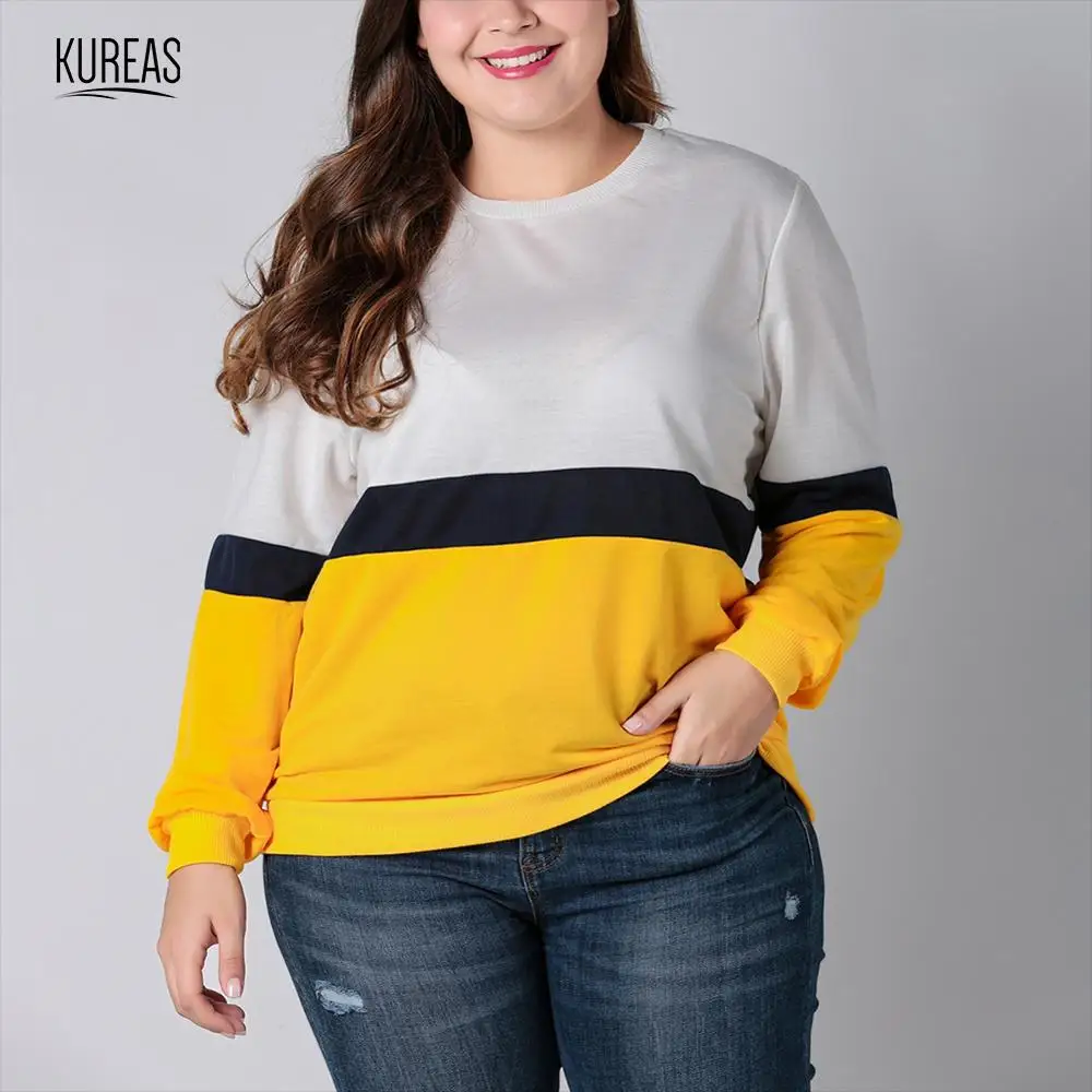 

Kureas Women Sweatshirts Winter Autumn Plus Siz Pullover Long Sleeve Hoodies Fashion Patchwork O Neck Female Tops 4XL