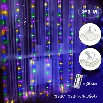

LED Curtain String Lights with Hooks 3*3m 300 Indoor Festoon Fairy Wedding Decor for Home Living Room Bedroom Decoration