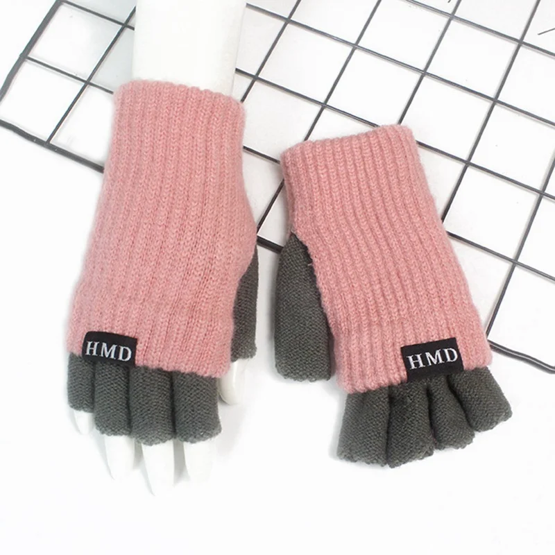 Шерстяные зимние женские перчатки, вязанные эластичные перчатки без пальцев, теплые перчатки без пальцев - Цвет: PK