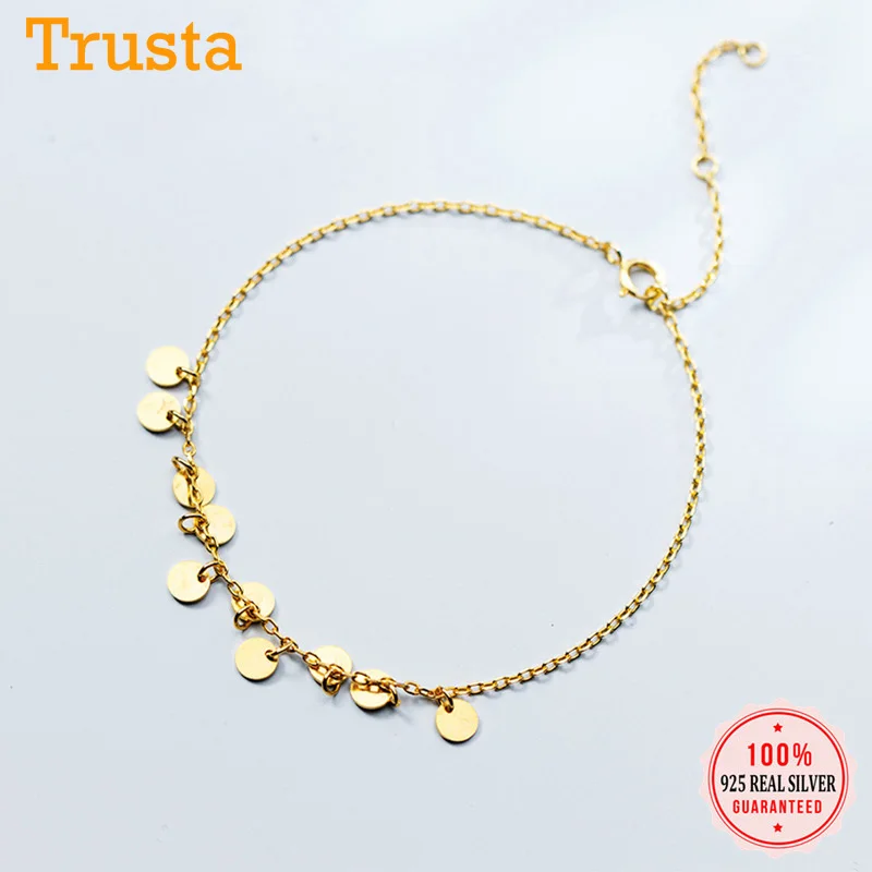 Trusta 100% 925 цельное Настоящее серебро Модные женские Золотые круглые вафли Браслет