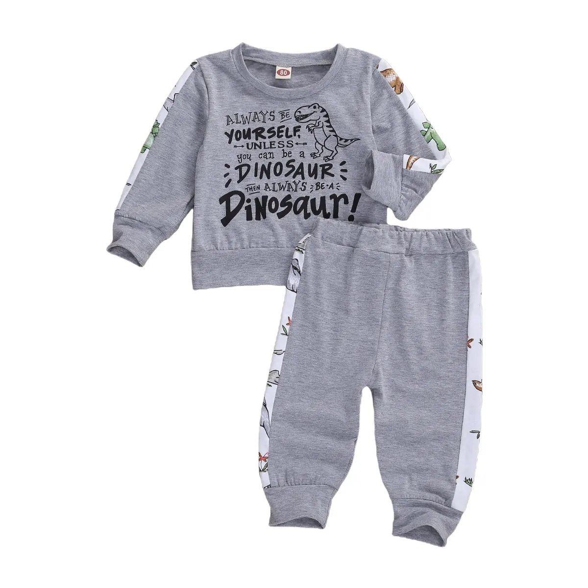 

Toddler Baby Little Kids Boys Autumn Warm Suit Clothing Sid Dinosaur Print Patchwork Pullover Top + Trousers 2Pcs Casual Set