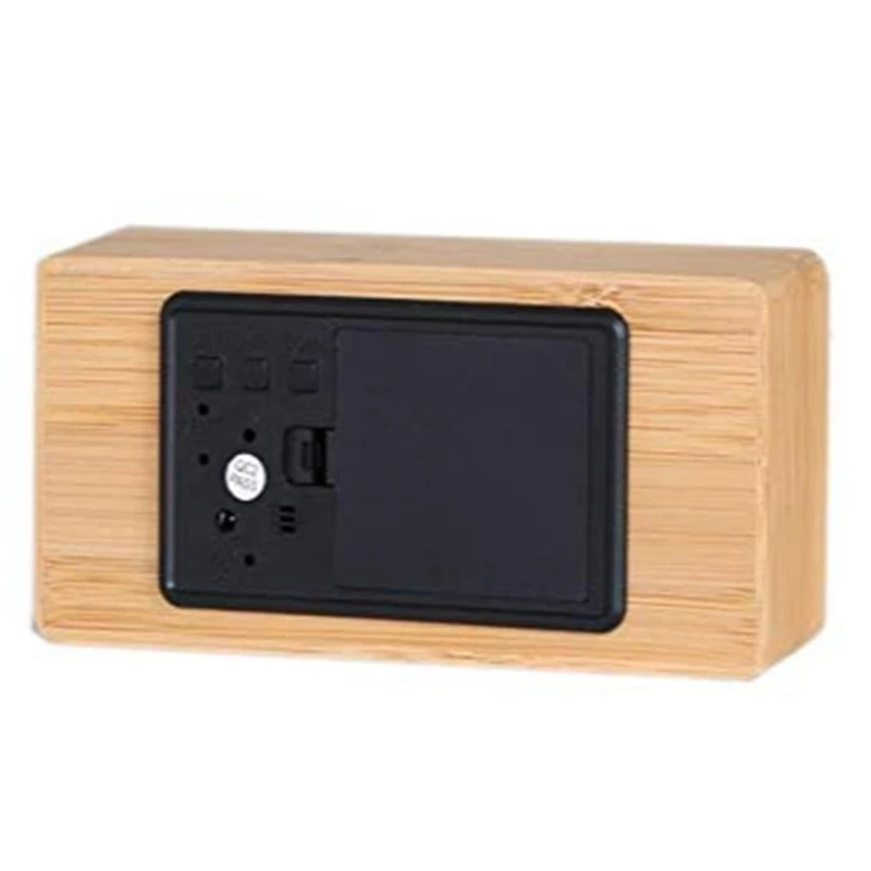 BMBY-Digital Alarm Clock Bamboo Wood Led Light Desk Alarm Clock Displays Time Date Temperature Humidity