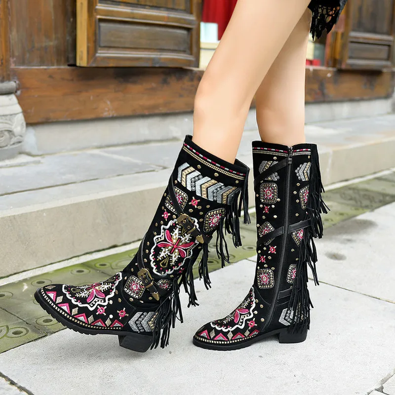 

US4-11 Womens Pointed Toe Genuine Leather Knee Thigh Boots Stilettos Embroidery Retro Floral Tassels Belt Buckle Shoes Plus Size