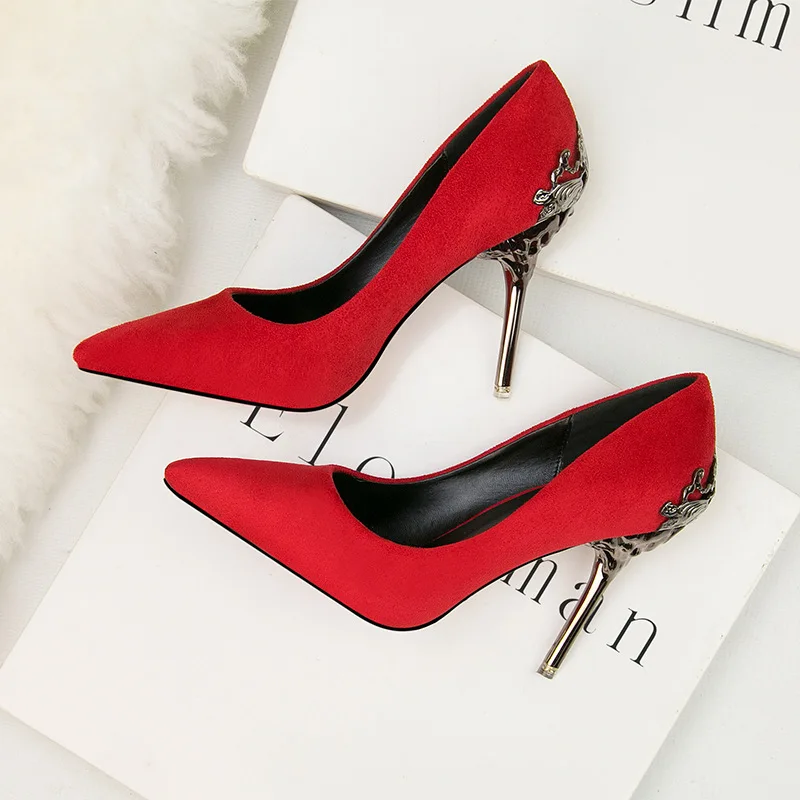 

2020 New Fashion Women's Pointed-Toe Suede Shallow Mouth High Heels Metal Stiletto Shoes Sexy Wedding Shoes Summer