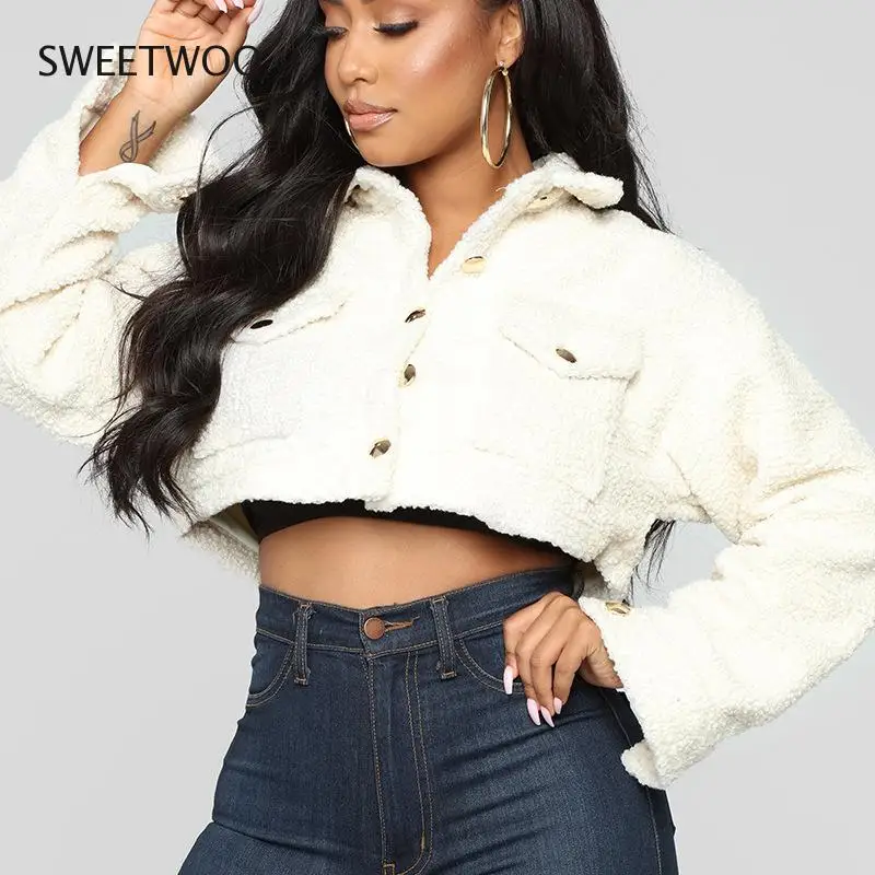 2021 Autumn and Winter Jacket Women's Fashion Thick Solid Color Lapel Long-Sleeved Sweater Plush Cardigan Short Coat