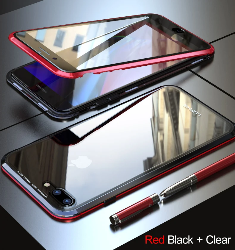 Магнитный чехол Tongdytech для Iphone 11 Pro XS MAX X 7 8 Plus, металлический чехол для телефона, двусторонний чехол из закаленного стекла 360, чехол s - Цвет: Black Red
