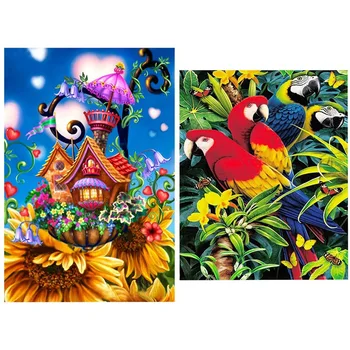 

2 Set 5D Diy Diamond Painting Cross Stitch 3D Rhinestone Decor Paintings - "Parrot" & "Cartoon Hut"