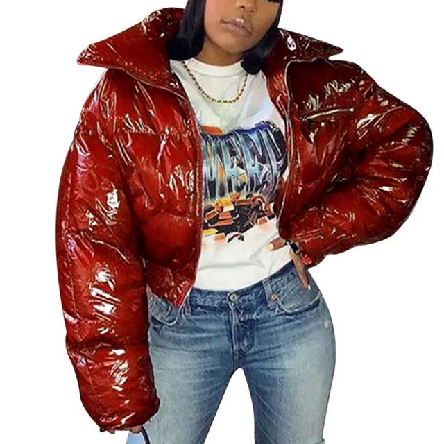 Winter Patent Leather Bubble Coat Women 