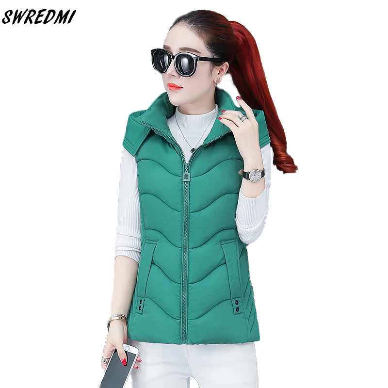 

SWREDMI Winter Women's Vest Hooded Jacket Coat Sleeveless Autumn Winter Vest For Famle Mujer Zipper Green Vest Snow Wear M-3XL
