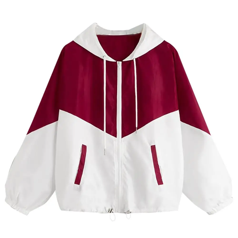 

Women Long Sleeve Patchwork Pocket Sweatshirt Zip Up Drawstring Hooded Jackets Ladies Sport Exercise Running Coat For 2019