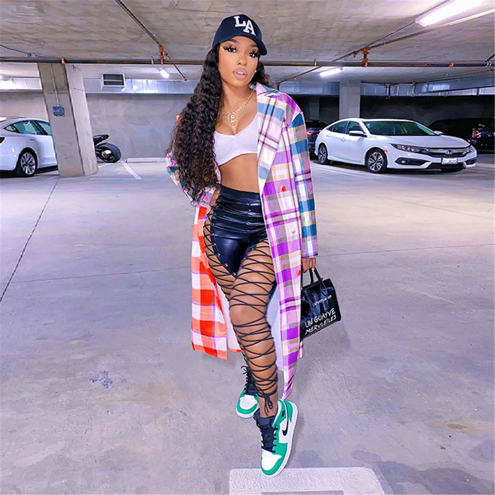 Tsuretobe Plaid Trench Coat For Women Fall 2020 Plus Size Clothing Elegant Long Coat Women Fashion Patchwork Outwear Mujer