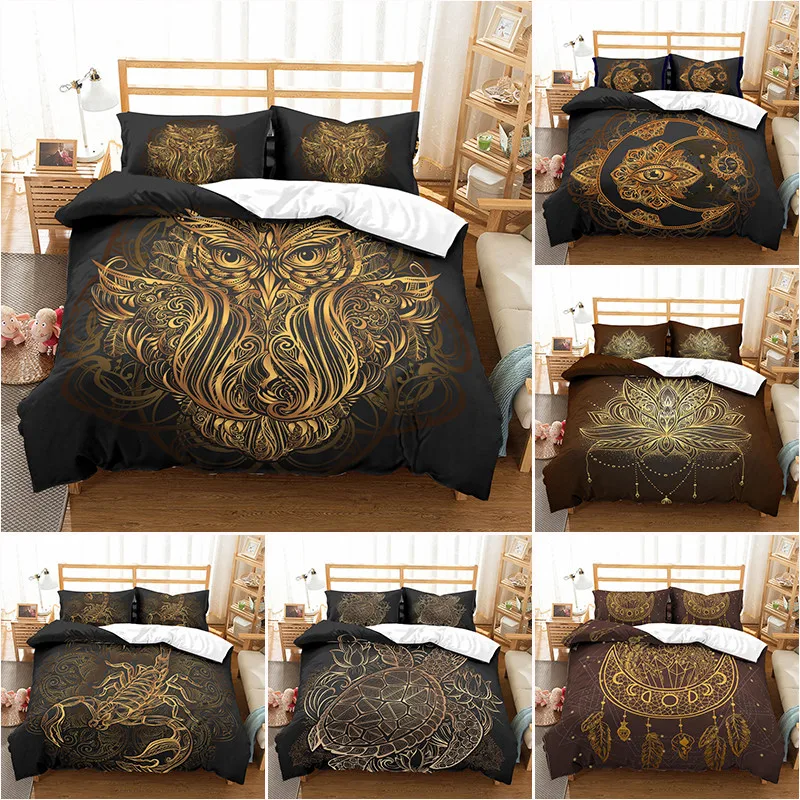 

3D Bohemia Hot Bronzing Animal Pattern Owl/Turtle/Elephant/Deer/Scorpion Pattern Duvet Cover with Pillow Cover Bedding Set