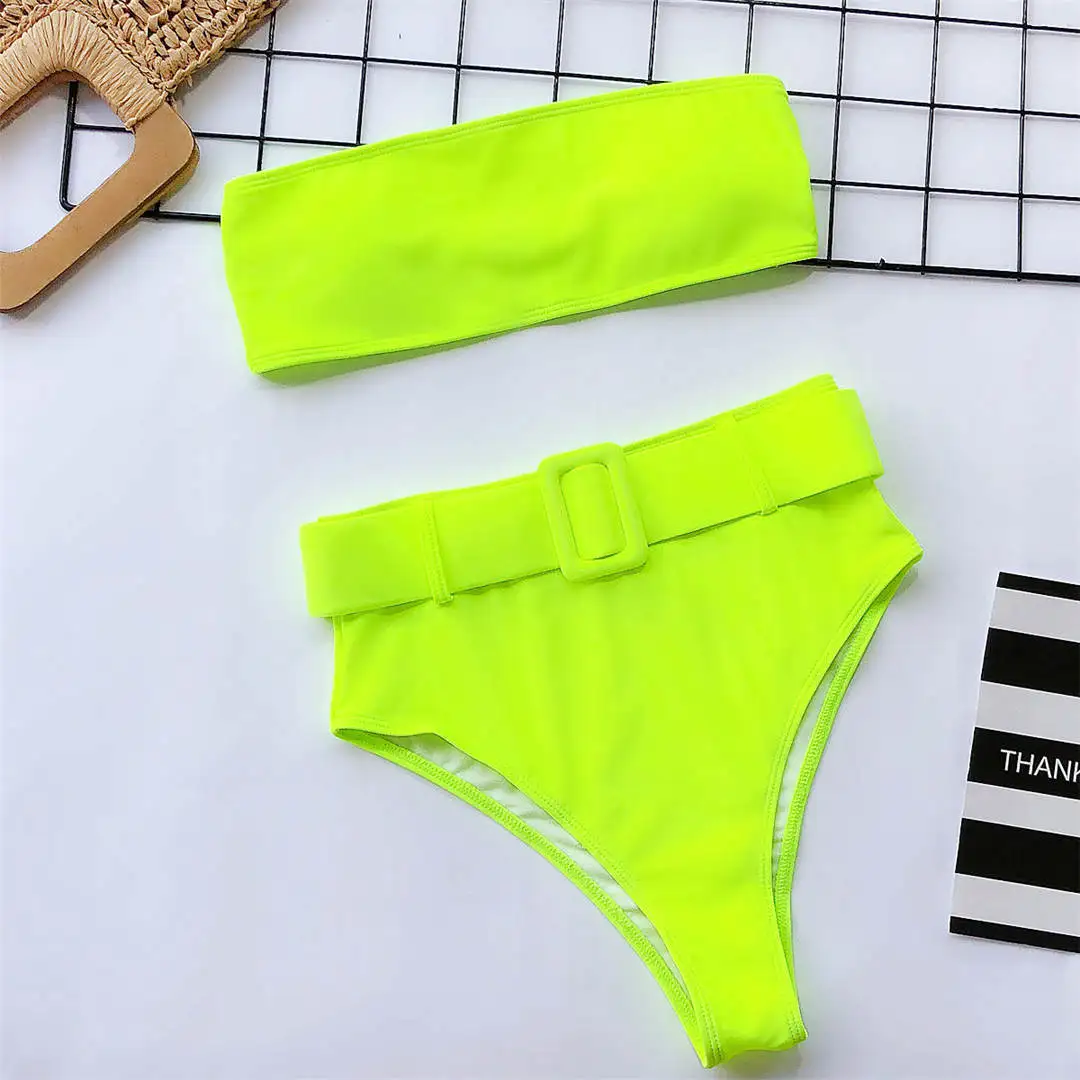 Neon Yellow Купальный костюм-бандо с высокой талией, бикини для женщин, купальный костюм, комплект бикини из двух предметов, с резинкой на талии, купальный костюм, купальная одежда V1635 - Цвет: Neon Yellow