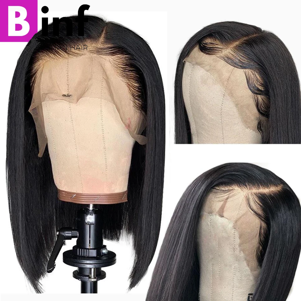 

Indian Remy Straight Bob Wig 13x4 Lace Front Human Hair Wigs Pre-Plucked Hairline With Baby Hair 150% Density Color 1b For Women