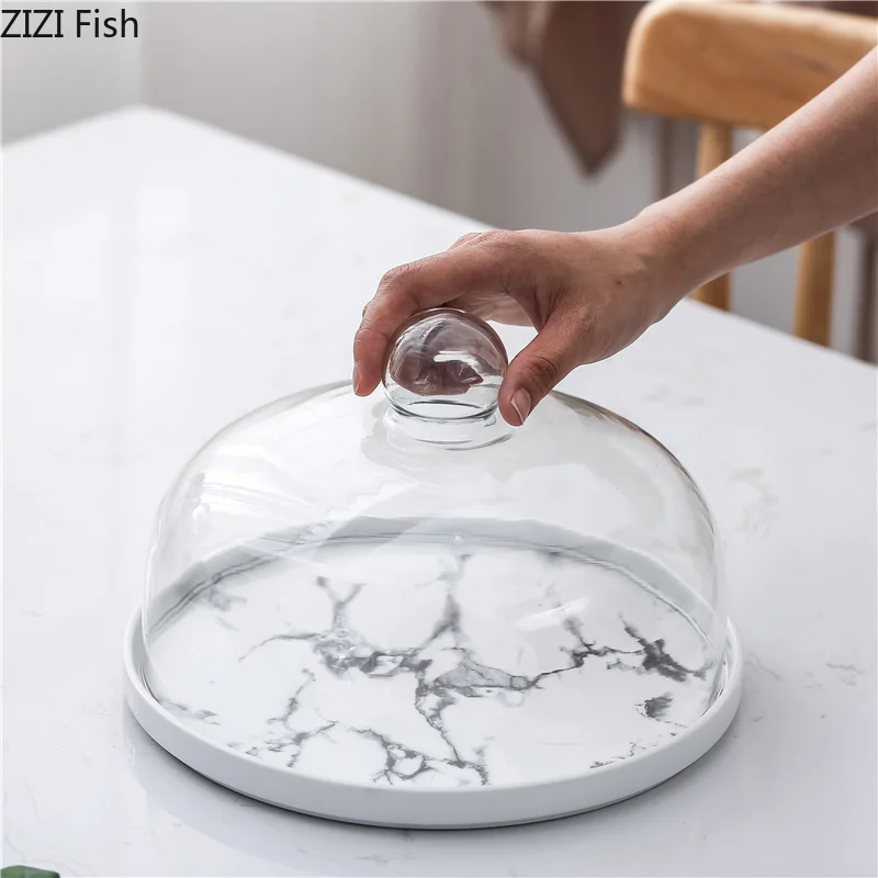 Imitation Marble Ceramics Cake Tray Glass Cover Cake Dessert Display Stand Fondant Decorating Tools