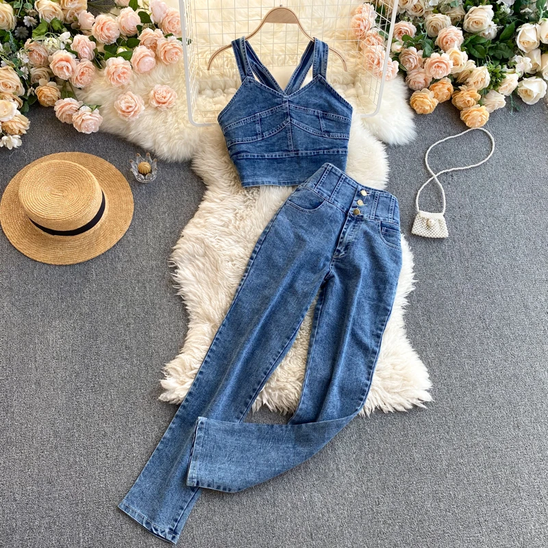 Tops de camisola com al a de espaguete feminino e cal as largas jeans de cintura alta ternos sensuais de duas pe as moda ver o nova