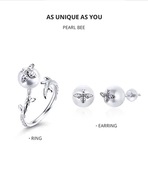 

Real 925 Sterling Silver Jewelry Sets Bee on the Pearl Adjustable Finger Rings for Women And Stud Earrings Jewelry 2020