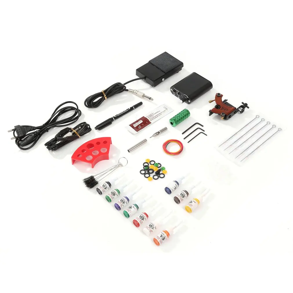 

Complete Tattoo Kits Professional Gun Machine Power Pedal 10 Color Ink Sets Nutrition Disposable Needle Gripping Tip EU Plug NEW