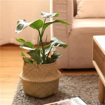 

Garden Flower Pot Foldable Natural Seagrass Woven Storage Basket Wicker Rattan Belly Flower Pot Planter Handmade Basket S/M/L/XL
