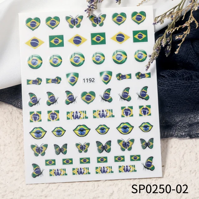 Fashion Adhesive World Cup Football Nail Decal Brazil Argentina Flag Nail Art Sticker 3D Manicure Decoration Accessories7.8x10cm SP0250-02